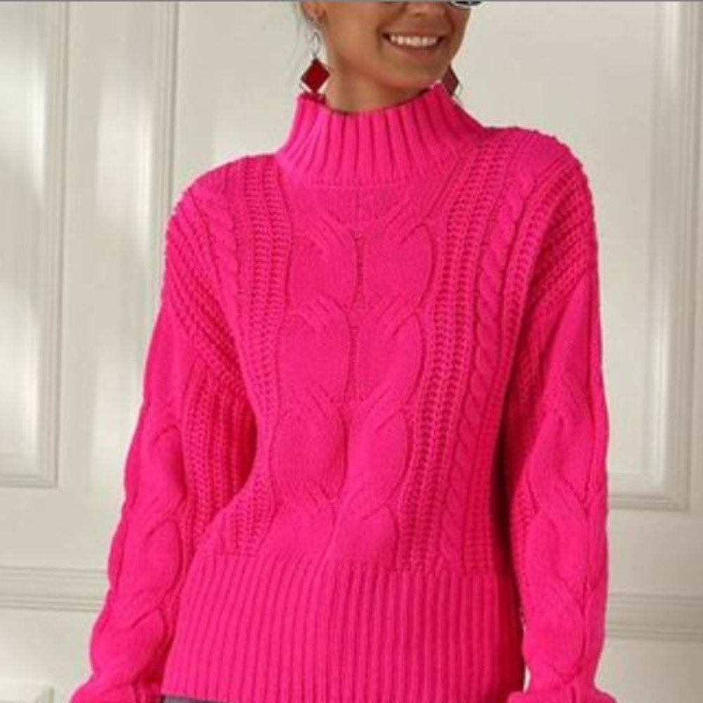 XL BRAND NEW Lisa & Rose Fluorescent Pink Cable-Knit Turtleneck
